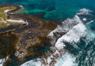 Birds eye view above the Port Fairy foreshore.