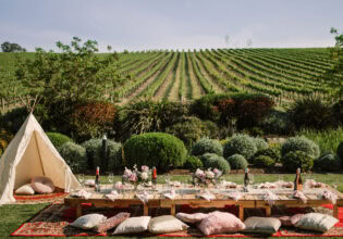 an outdoor picnic setup with a triangle tent overlooking the vines at Golding Wines