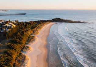 Aerial view of main beach, Yamba, NSW, Australia