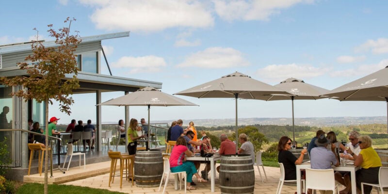al fresco dining under umbrellas at Pike and Joyce, Lenswood