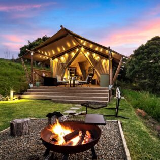 a bonfire setup at Cicada Luxury Camping, Kiama
