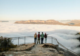 hikers overlooking the Olympian Rock Lookout, Blue Mountains National Park