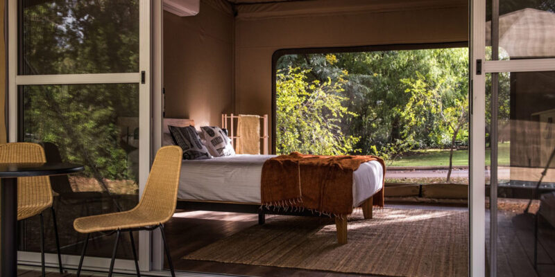 the bedroom interior inside the tent at Cooinda Lodge