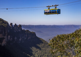 the Scenic Skyway cabin at Scenic World Katoomba passing over the Jamison Valley in the Blue Mountains