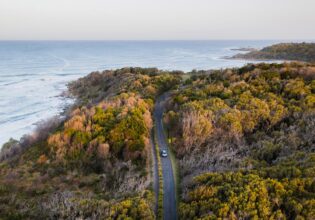 aerial shot of the Yamba Beach town
