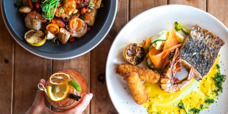 a table-top view of food in Zanders at Cable Beach, Broome