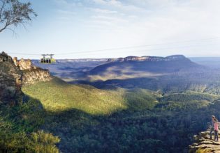 The Blue Mountains through the glass-floored Skyway.